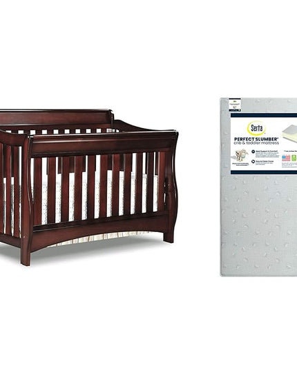 Delta Children Bentley S Series 4-in-1 Crib, Black Cherry Espresso + Serta Perfect Slumber Dual Sided Recycled Fiber Core Crib and Toddler Mattress (Bundle) - LeafyLoom