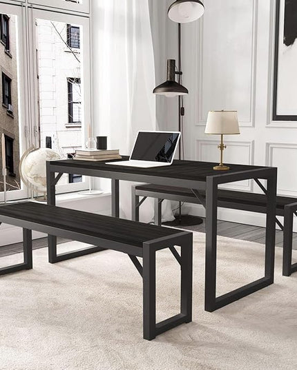 Allewie 3-Piece Kitchen Dining Table Sets with Benches, Sturdy Triangle Structure, Space-Saving, Multifunctional for Dining Room/Living Room/Studio, Black & Black - LeafyLoom