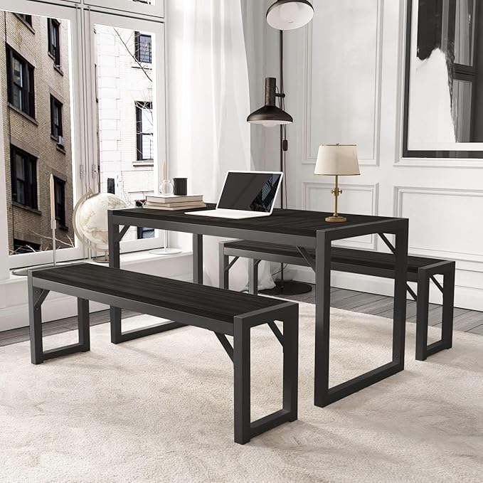 Allewie 3-Piece Kitchen Dining Table Sets with Benches, Sturdy Triangle Structure, Space-Saving, Multifunctional for Dining Room/Living Room/Studio, Black & Black - LeafyLoom