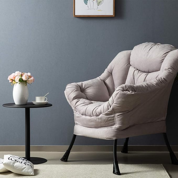 HollyHOME Modern Fabric Large Lazy Chair, Accent Oversized Comfy Reading Chair, Thick Padded Cozy Lounge Chair with Armrest, Single Steel Frame Leisure Sofa Chair for Living Room, Bedroom, Dorm, Grey - LeafyLoom