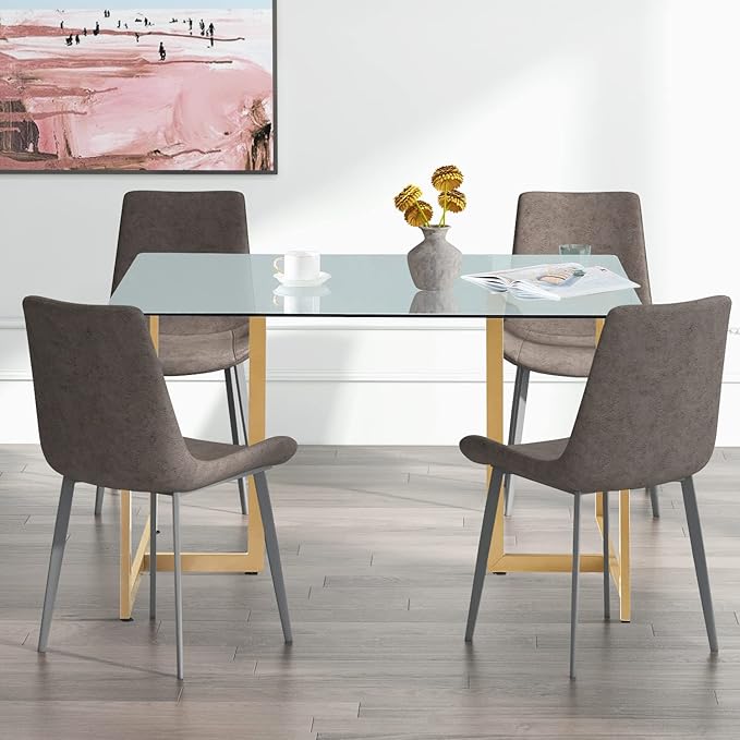 FurnitureR Tempered Glass Dining 47.2 inches Dinner Table for 4-6 Persons Modern Rectangular Spacious Tabletop & Gold Legs Elegant for Home Kitchen Living Room Restaurant, 47 Inches - LeafyLoom