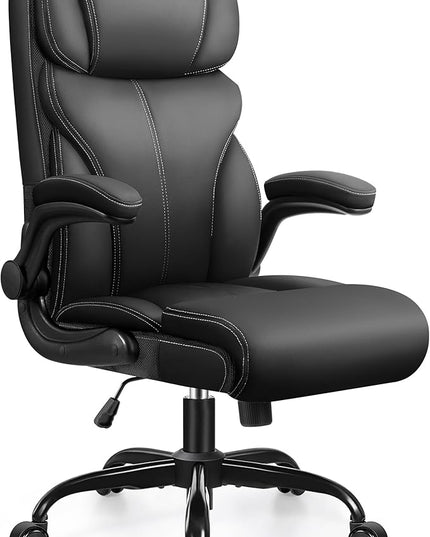 Office Chair, Ergonomic Big and Tall Computer Desk Chairs, Executive Breathable Leather Chair with Adjustable High Back Flip-up Armrests, Lumbar Support Swivel PC Chair with Rocking Function - LeafyLoom