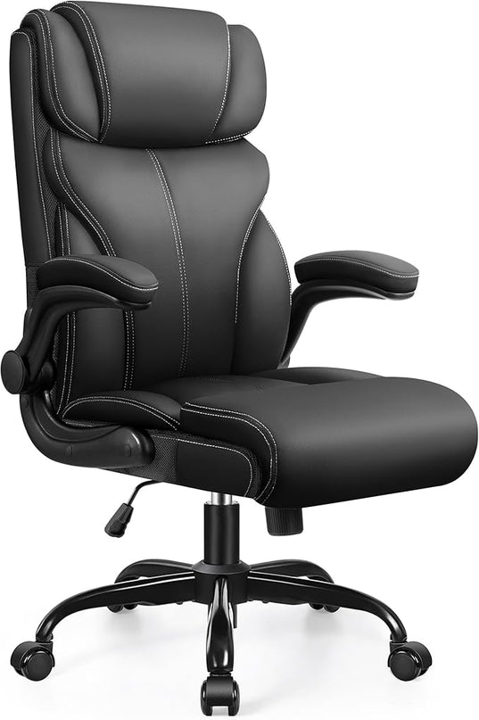 Office Chair, Ergonomic Big and Tall Computer Desk Chairs, Executive Breathable Leather Chair with Adjustable High Back Flip-up Armrests, Lumbar Support Swivel PC Chair with Rocking Function - LeafyLoom