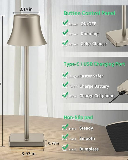 2 Pack LED Cordless Table Lamps Rechargeable,5000mAh Battery Operated Table Light,3 Color Stepless Dimming,Portable Small Desk Lamp in Aluminum for Party Patio Restaurant Indoor/Outdoor(Silver) - LeafyLoom