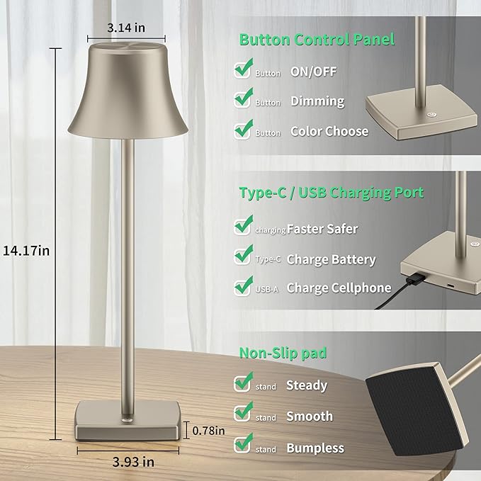 2 Pack LED Cordless Table Lamps Rechargeable,5000mAh Battery Operated Table Light,3 Color Stepless Dimming,Portable Small Desk Lamp in Aluminum for Party Patio Restaurant Indoor/Outdoor(Silver) - LeafyLoom