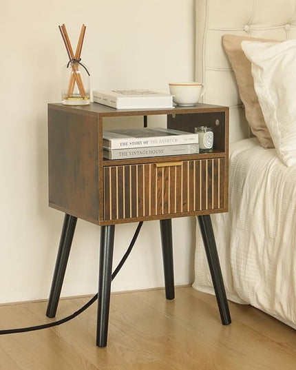 Mid Century Modern Nightstand with Charging Station, Wood Bedside Table with Drawer, Modern End Table for Bedroom and Small Spaces, Easy Assembly, Rustic Brown and Black - LeafyLoom