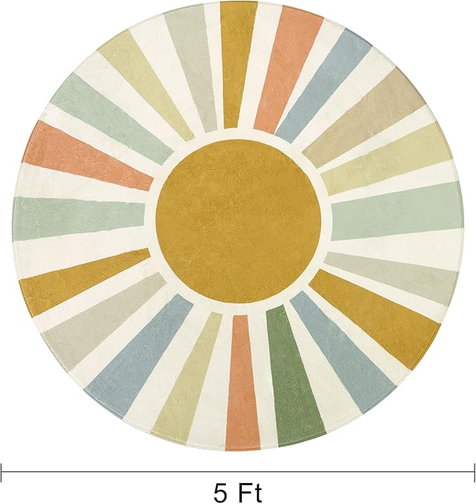 Boho Washable Rug 5 Ft Round Area Rug for Bedroom, Rainbow Circle Kids Rug for Office, Non-Slip Circluar Carpet Soft Sunshine Rug for Dorm Nursery Sofa Living Room Corner - LeafyLoom