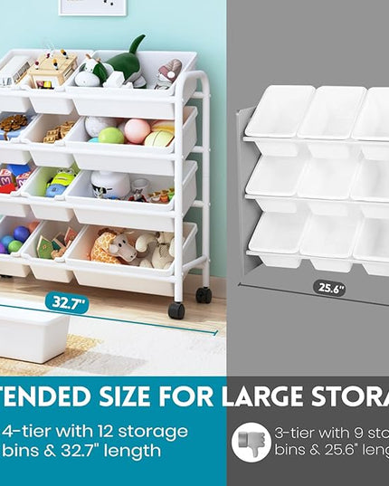 Kids Toy Storage Organizer with 12 Plastic Bins, 4-Tier Metal Toy Storage Rack, Metal Toy Organizer with Storage Bins for Kids Room, Playroom and Nursery, White - LeafyLoom