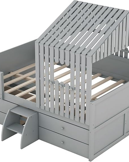 Full Size Low Loft Bed, Wooden House Shaped Loft Bed Frame with 4 Storage Drawers for Kids Teens Boys Girls, Easy Assembly, No Box Spring Needed, Gray - LeafyLoom