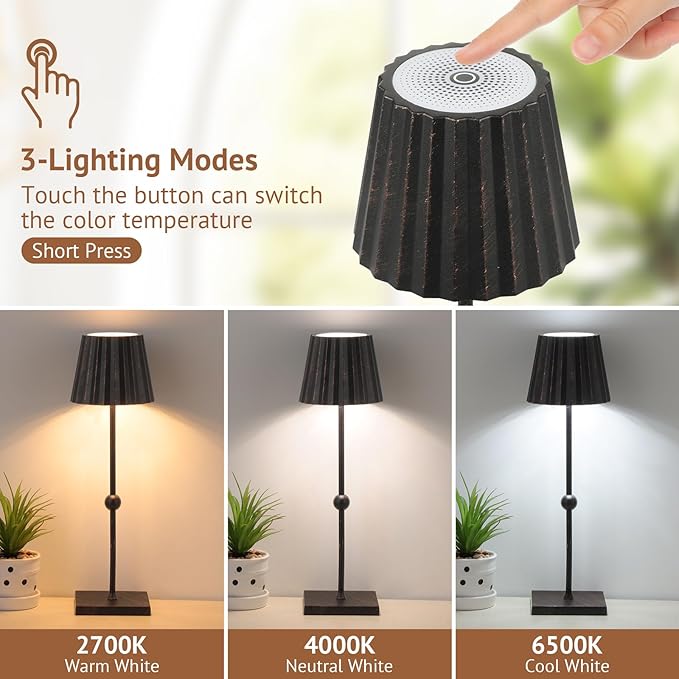 GGOYING Cordless Table Lamp,Battery Operated LED Lamp with 5200mAh,3 Color Mode,Stepless Dimming, Modern Portable Lamp for RestaurantOutdoor(Black Brush Gold) - LeafyLoom