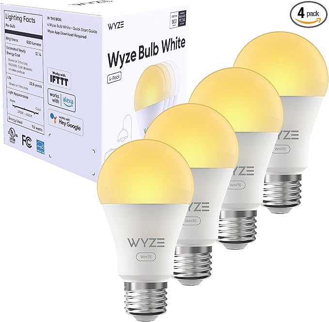 WYZE Bulb White, 800 Lumen, 90+CRI WiFi Tunable-White A19 Smart Light Bulb, Compatible with Alexa and Google Assistant, Four-Pack WYZE