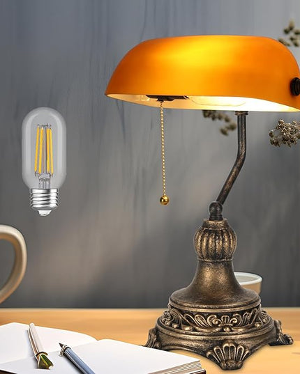 Bankers Lamp with Pull Switch, Amber Glass Desk Lamp with Retro Black/Gold Finish, Vintage Table Lamps for Living Room, Home Office, Library, Piano LED Bulb Included (Amber) - LeafyLoom