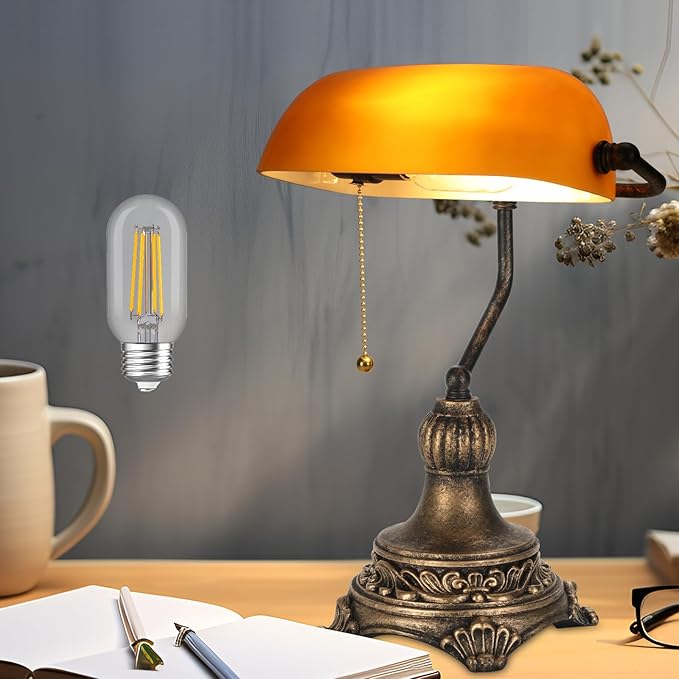 Bankers Lamp with Pull Switch, Amber Glass Desk Lamp with Retro Black/Gold Finish, Vintage Table Lamps for Living Room, Home Office, Library, Piano LED Bulb Included (Amber) - LeafyLoom
