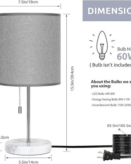 SEHERTIWY Bedside Lamps, Desk Lamps with Pull Chain, Nightstand Lamps with Marble Base and Silver Metal, Lamp for Bedroom, Living Room, Reading Room, Office-Grey - LeafyLoom
