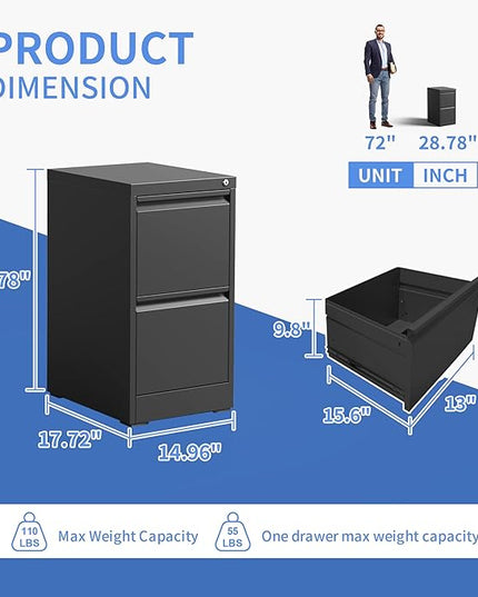 Vertical File Cabinet with Drawers, 2 Drawer File Cabinet for Home Office, Locking File Cabinet Hanging Files for A4/ Legal/Letter, Black - LeafyLoom
