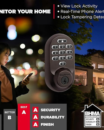 Kwikset Halo Wi-Fi Smart Lock, Keyless Entry Door Deadbolt, Geofence Auto-Unlock, Grade AAA Certified, No Hub Easy Install, Venetian Bronze Lifetime Finish Warranty, Backlit Keypad Kwikset