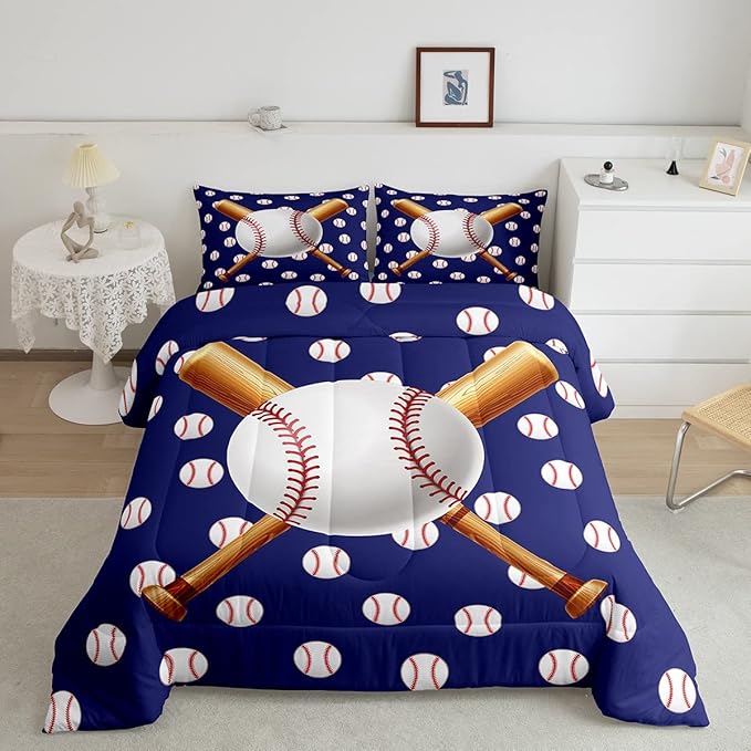 Feelyou Baseball Comforter Set Sports Bedding Set Ball Comforter for Kids Boys Girls Baseball Games Blue Duvet Set Room Decor Quilt Baseball Bat Print Twin Size Boys - LeafyLoom