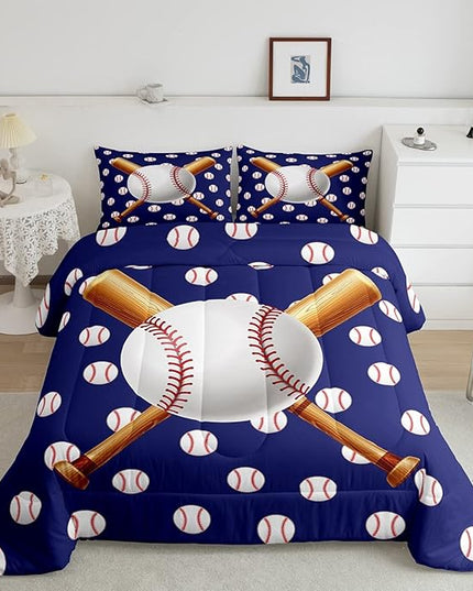 Baseball Comforter Set Sports Theme Bedding Set 3D Ball Pattern Comforter for Children Kids Boys Girls Microfiber Baseball Games Blue Duvet Set Room Decor Quilt Set Baseball Bat Print King Size - LeafyLoom