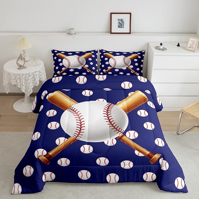 Baseball Comforter Set Sports Theme Bedding Set 3D Ball Pattern Comforter for Children Kids Boys Girls Microfiber Baseball Games Blue Duvet Set Room Decor Quilt Set Baseball Bat Print King Size - LeafyLoom