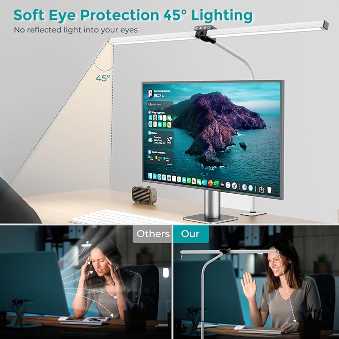 LED Desk Lamp, Double Head dimmable 24W 80CM Desk lamp for Home Office, clampable Eye Protection Daylight lamp with Remote Controls, 5 Colors 5 Brightness Office Table lamp White - LeafyLoom
