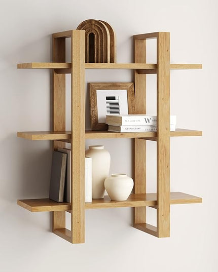 Nathan James Floating Wall Book Shelves, 3-Tier Display Shelf, Decorative Modular Shelf in Solid Wood for Bedroom, Nursery, Bathroom or Kitchen, Set of 2 - LeafyLoom