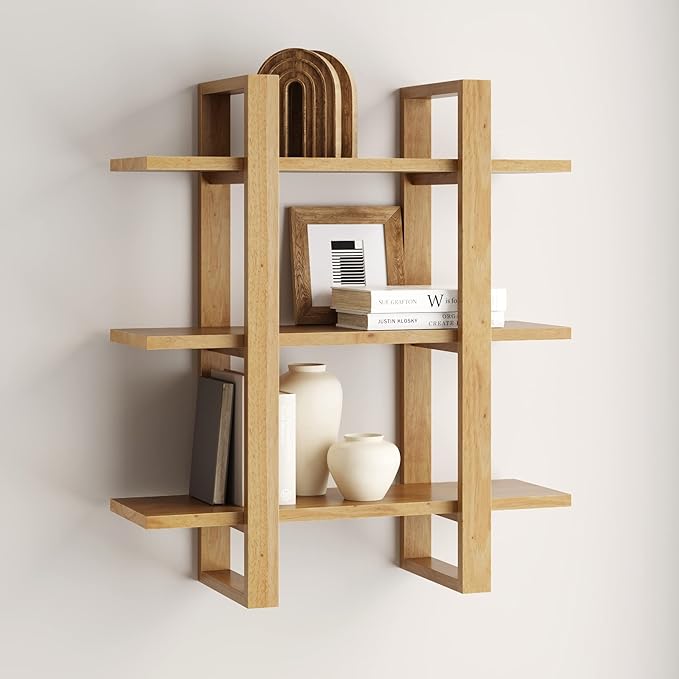 Nathan James Floating Wall Book Shelves, 3-Tier Display Shelf, Decorative Modular Shelf in Solid Wood for Bedroom, Nursery, Bathroom or Kitchen, Set of 2 - LeafyLoom