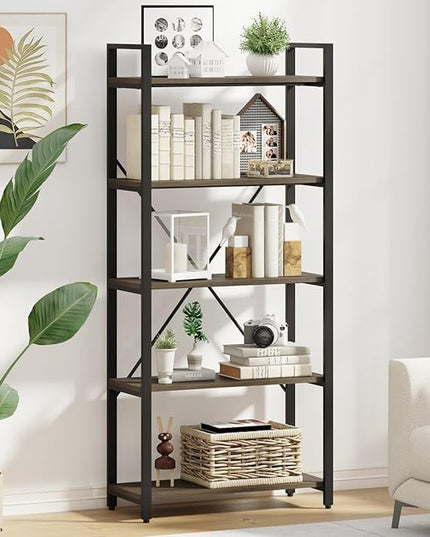FATORRI 5 Tier Industrial Bookshelf, Rustic Etagere Bookcase for Display, Vintage Shelving Unit Wood and Metal Tall Book Shelves for Home Office (Walnut Brown) - LeafyLoom