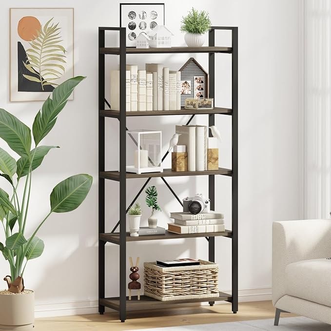 FATORRI 5 Tier Industrial Bookshelf, Rustic Etagere Bookcase for Display, Vintage Shelving Unit Wood and Metal Tall Book Shelves for Home Office (Walnut Brown) - LeafyLoom