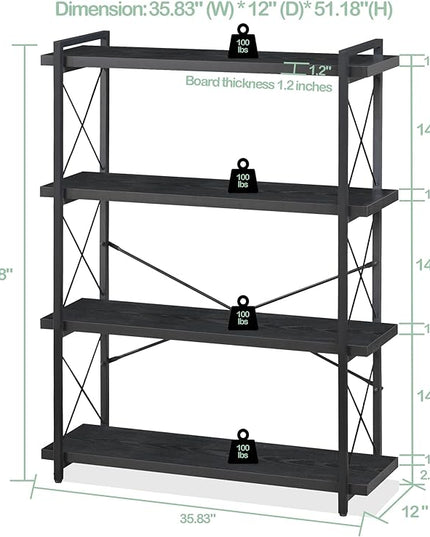 HCHQHS Bookshelf, 4-Tier Industrial Bookcase, Black Open Book Shelf, Freestanding Tall Bookshelves with Metal Frame - LeafyLoom