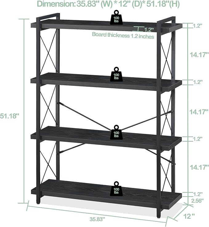 HCHQHS Bookshelf, 4-Tier Industrial Bookcase, Black Open Book Shelf, Freestanding Tall Bookshelves with Metal Frame - LeafyLoom