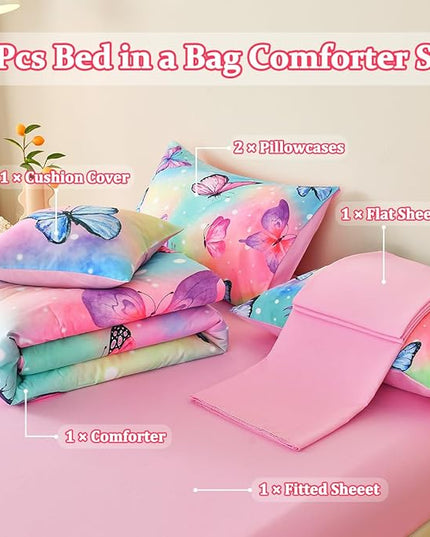 Butterfly Bedding Set Full, Pink Butterfly Comforter Set for Girls Kids Teens 6 pcs Bed in a Bag Full Bedding Sets for Girls - LeafyLoom