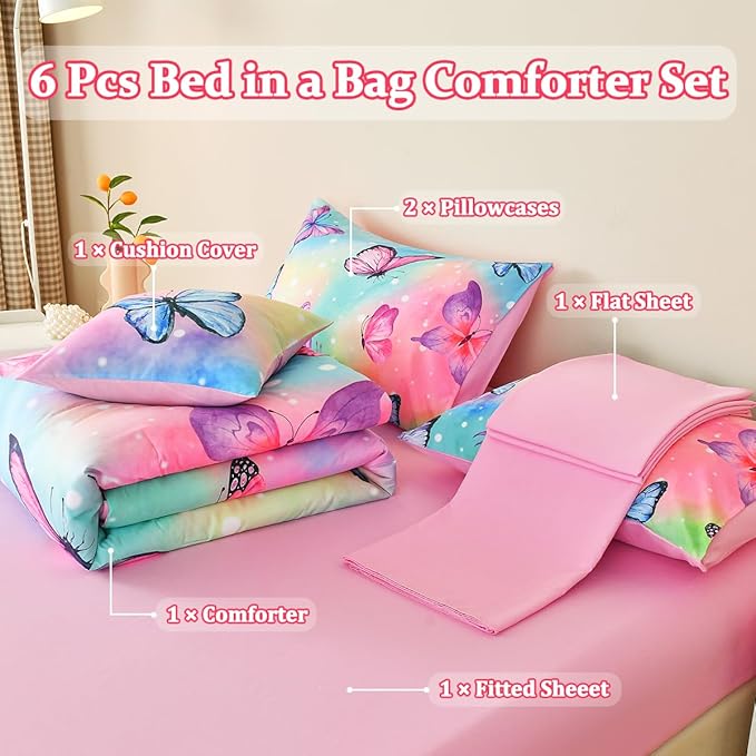 Butterfly Bedding Set Full, Pink Butterfly Comforter Set for Girls Kids Teens 6 pcs Bed in a Bag Full Bedding Sets for Girls - LeafyLoom