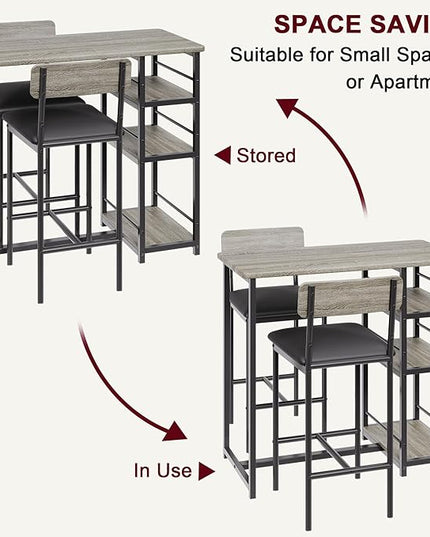 GAOMON Dining Table Set for 2, Kitchen Table and Chairs for 2 with Upholstered Chairs, 3 Piece Counter Height Bar Kitchen Table Set with 3 Storage Shelves for Small Space, Apartment, Rustic Gray - LeafyLoom