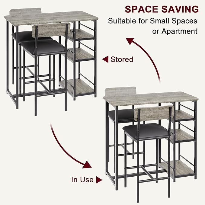 GAOMON Dining Table Set for 2, Kitchen Table and Chairs for 2 with Upholstered Chairs, 3 Piece Counter Height Bar Kitchen Table Set with 3 Storage Shelves for Small Space, Apartment, Rustic Gray - LeafyLoom