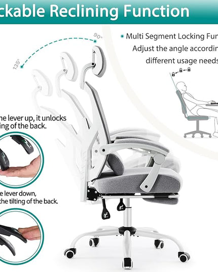 MCQ Office Computer Desk Chair, Gaming Chairs for Adults, High-Back Mesh Rolling Swivel Reclining Chairs with Wheels, Comfortable Lumbar Support, Comfy Arms for Home, Office, Gaming, Student, Grey - LeafyLoom