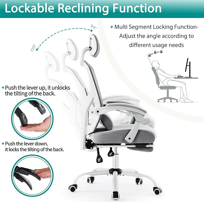 MCQ Office Computer Desk Chair, Gaming Chairs for Adults, High-Back Mesh Rolling Swivel Reclining Chairs with Wheels, Comfortable Lumbar Support, Comfy Arms for Home, Office, Gaming, Student, Grey - LeafyLoom