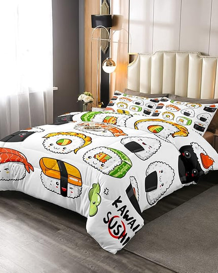 Erosebridal Sushi Pattern Comforter Set Queen, Japanese Style Down Comforter, Food Theme Quilted Duvet for Kids Boys Girls Teens, Cute Cartoon Japanese Sushi Quilt Set Room Decorative - LeafyLoom