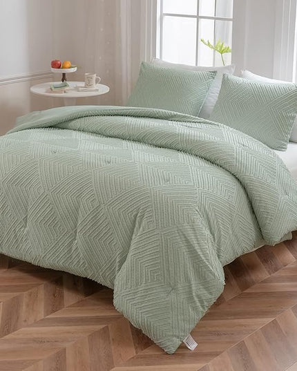 Full Comforter Set, Tufted Sage Green Comforter Set Full, Boho Bedding Comforter Sets Extra Fluffy, Ideal for All Seasons 3 Pieces (1 Comforter, 2 Pillowcases) - LeafyLoom