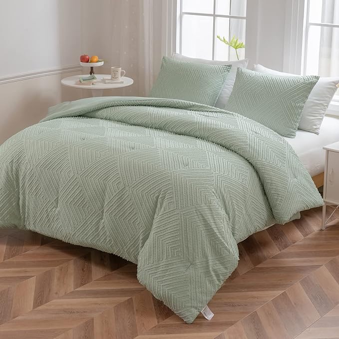 Full Comforter Set, Tufted Sage Green Comforter Set Full, Boho Bedding Comforter Sets Extra Fluffy, Ideal for All Seasons 3 Pieces (1 Comforter, 2 Pillowcases) - LeafyLoom