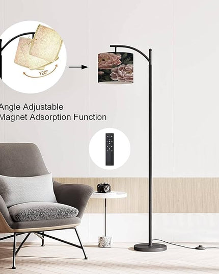 Modern Arc Floor Lamp with Dimmer Mid Century Floral seamless Botanical realistic peonies dark Vintage hand drawn Metal Standing Lamp with Linen Shade Footswitch for Living Room Bedroom Office - LeafyLoom