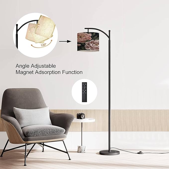 Modern Arc Floor Lamp with Dimmer Mid Century Floral seamless Botanical realistic peonies dark Vintage hand drawn Metal Standing Lamp with Linen Shade Footswitch for Living Room Bedroom Office - LeafyLoom