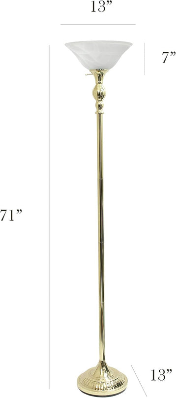 Elegant Designs LF2001-GLD 1 Light Torchiere Marbleized White Glass Shade Floor Lamp, Gold - LeafyLoom