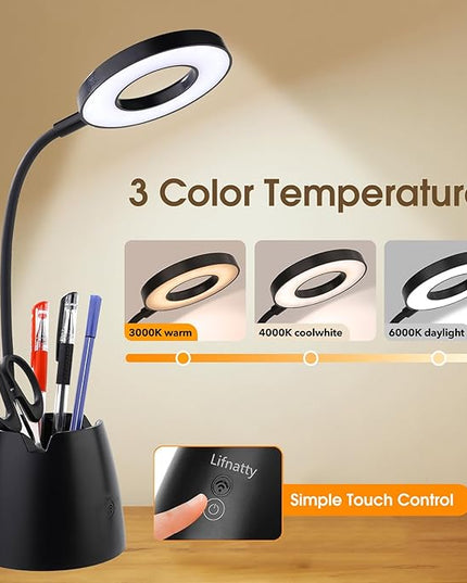Desk Lamp, Desk Lamps for Home Office, Touchable, Remote Controlled, Dimmable, 3 Color Modes, Gooseneck, Black Table Light for Bedrooms, Led Desk Light, Small Office Lamp, Dorm Room Essentials - LeafyLoom