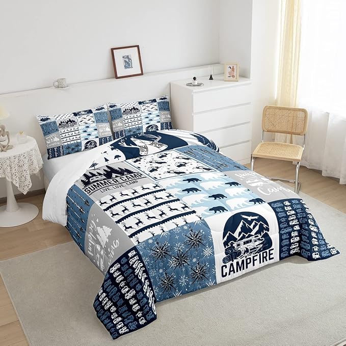 Camper Gifts Comforter Set Twin, Happing Camping Gifts For Men Women, Blue Camper Bedding Set For Camping Lovers Campsite, Camping Down Comforter For RV Travel Hiking, Camper Decor, Buffalo Plaid - LeafyLoom