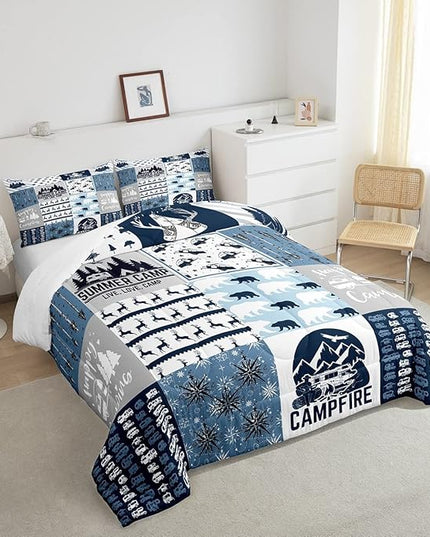 Erosebridal Happy Camping Bedding Set Queen Size for Boys Kids Teens, Camper Duvet Insert, Rustic Farmhouse Style Comforter Set, Sketch Drawing Camper Bedding, Camping Car Down Comforter, Blue - LeafyLoom
