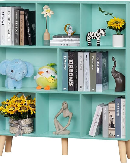 LEYAOYAO 8 Cube Bookshelf 3-Tier Bookcase with Legs, Mint-Green Kids Book Shelf Cute Storage Organizer, Large Open Toy Shelves Modern Bookshelves,Display Bookcases for Bedroom,Living Room,Nursery - LeafyLoom