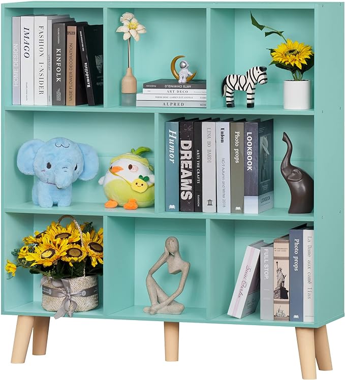 LEYAOYAO 8 Cube Bookshelf 3-Tier Bookcase with Legs, Mint-Green Kids Book Shelf Cute Storage Organizer, Large Open Toy Shelves Modern Bookshelves,Display Bookcases for Bedroom,Living Room,Nursery - LeafyLoom