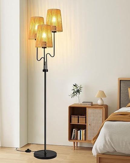 Rattan Floor Lamp for Living Room,Boho Floor Lamps Flower Standing Lamp with Remote,Dimmable Tree 3 Light Tall Lamp Farmhouse Wicker Bamboo Lamp Shade,Floor Light for Bedroom Bohemian Decor - LeafyLoom