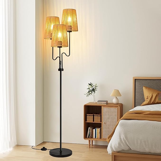 Rattan Floor Lamp for Living Room,Boho Floor Lamps Flower Standing Lamp with Remote,Dimmable Tree 3 Light Tall Lamp Farmhouse Wicker Bamboo Lamp Shade,Floor Light for Bedroom Bohemian Decor - LeafyLoom