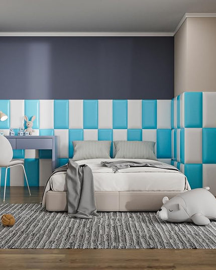 Peel and Stick Headboard Blue Upholstered Wall Panels, 4 Panels Sized 7.8" x 15.7", 3D Anti-Collision Soundproof Self-Adhesive Wall Panel for Bedroom，Living Room - LeafyLoom